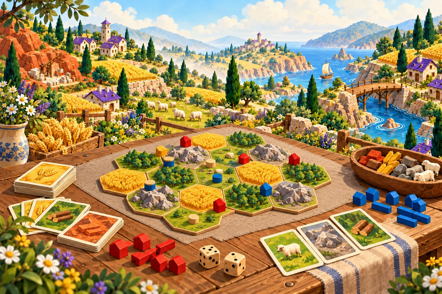 Illustrated Catan world with abstract game pieces